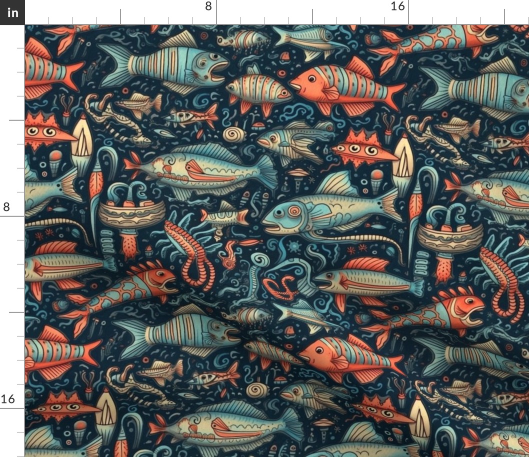 Doodle deep sea oddities orange and blue 