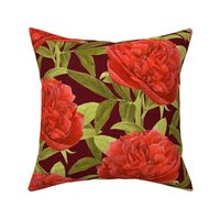 Watercolour Vintage Peony on Burgundy- Medium Scale