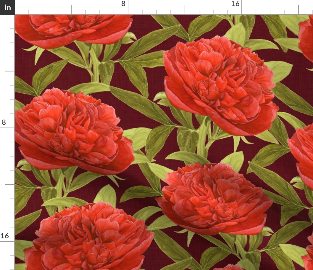 Watercolour Vintage Peony on Burgundy- Medium Scale