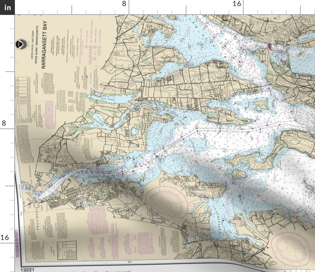 NOAA nautical chart #13221 Narragansett Bay 42x25.7"  (fits on one yard of any fabric)