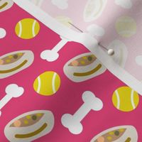 Dog bowl, bone, tennis ball design on pink background