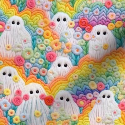 Floral Halloween Rainbow Ghost Embroidery - Medium Scale