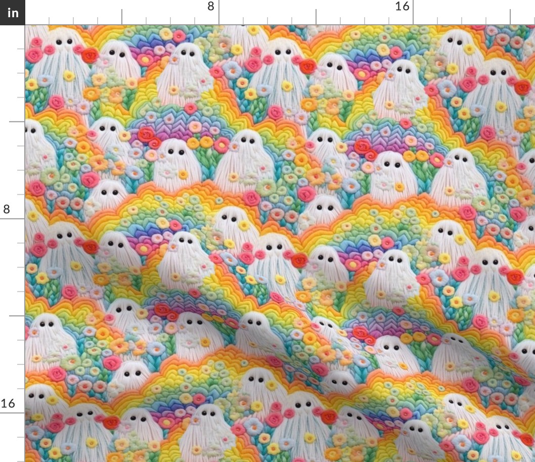 Floral Halloween Rainbow Ghost Embroidery - Medium Scale