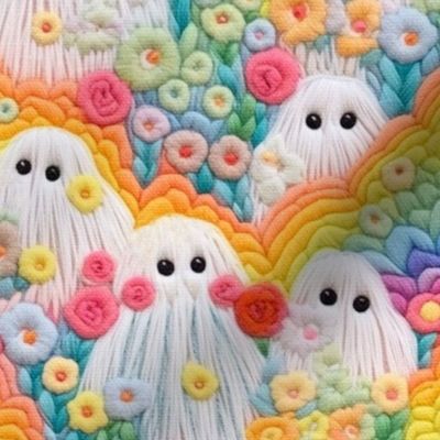 Floral Halloween Rainbow Ghost Embroidery - Large Scale