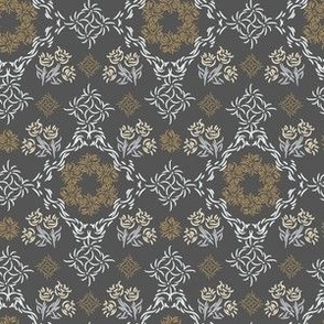 French country ornamental in charcoal gray and brown. Small scale