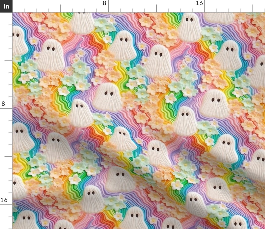 Trippy Pastel Rainbow Floral Halloween Ghost Embroidery - Medium Scale