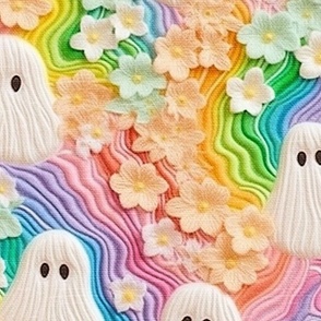 Trippy Pastel Rainbow Floral Halloween Ghost Embroidery - XL Scale
