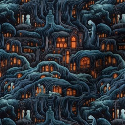Creepy Halloween Forest Houses Embroidery - Small Scale