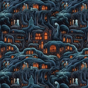 Creepy Halloween Forest Houses Embroidery - Large Scale