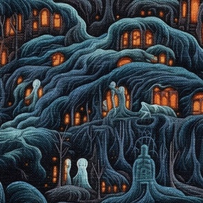 Creepy Halloween Forest Houses Embroidery - XL Scale
