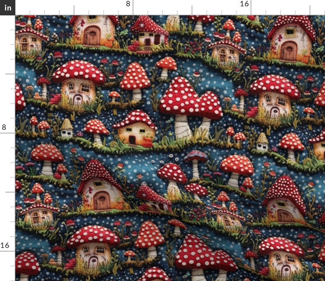 Red Mushroom House Fairy Garden Embroidery - Large Scale