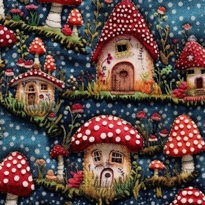 Red Mushroom House Fairy Garden Embroidery - XL Scale