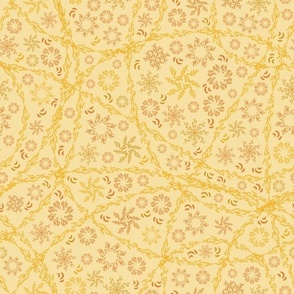 Fall garden path in butter yellow. 12-inch repeat