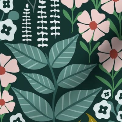 Moody Whimsical Floral Wallpaper - Dark Green