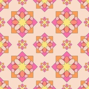 Moroccan Lady-Reduced size, geometric allover pattern from ancient tiles of Morocco. Pink, Orange, Yellow, Peach.