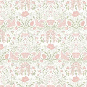 Wildflower Botanical Damask Pattern Pale Pink and Green