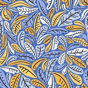 Graphic tropical leaves and lines - jungle abstract leaves - blue and yellow