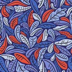  Graphic tropical leaves and lines - jungle abstract leaves - blue and red