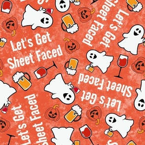 Large Scale Let's Get Sheet Faced! Drinking Halloween Ghosts and Pumpkins on Orange