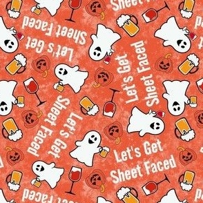 Small-Medium Scale Let's Get Sheet Faced! Drinking Halloween Ghosts and Pumpkins on Orange