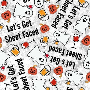 Large Scale Let's Get Sheet Faced! Drinking Halloween Ghosts and Pumpkins on White