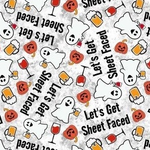 Small-Medium Scale Let's Get Sheet Faced! Drinking Halloween Ghosts and Pumpkins on White