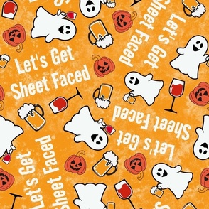 Large Scale Let's Get Sheet Faced! Drinking Halloween Ghosts and Pumpkins on Golden Yellow