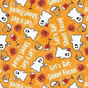 Small-Medium Scale Let's Get Sheet Faced! Drinking Halloween Ghosts and Pumpkins on Golden Yellow