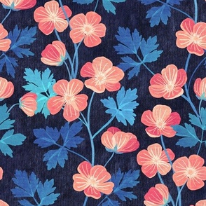 Coral Pink and Blue Floral on Dark Textured Background - large