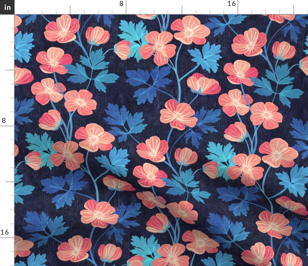 Coral Pink and Blue Floral on Dark Textured Background - large