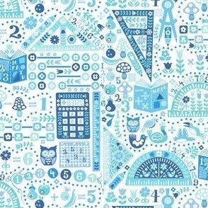 XXS - Elementary Math Lesson - Blue Navy Teal Pastel White Retro Back To School Numbers Counting Calculator Learning Teacher Animals Owl Birds Flowers