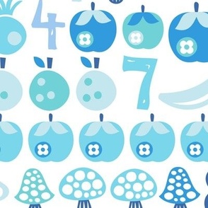 L - Fruit & Mushroom Count - Blue Navy Teal Sky Pastel Numbers Math Flowers Apples Oranges Bananas Pears Kids Unisex Gender Neutral Back to School