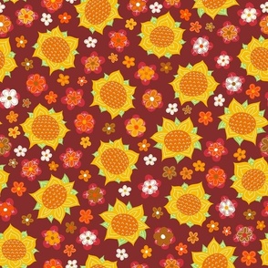 Sunflower doodles on reddish brown. Large scale