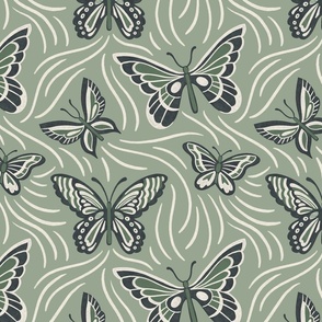 Butterfly Flutter in sage and black - 12x12