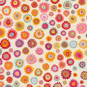 Doodle flowers in vintage rainbow. Jumbo scale