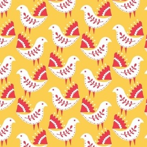 (Medium) Scandinavian Birds - Yellow, red, white - Folk art birds