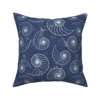 Nautilus Sea Shells and Sand in dark blue -white-metallic wallpaper