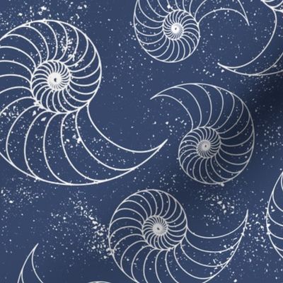 Nautilus Sea Shells and Sand in dark blue -white-metallic wallpaper