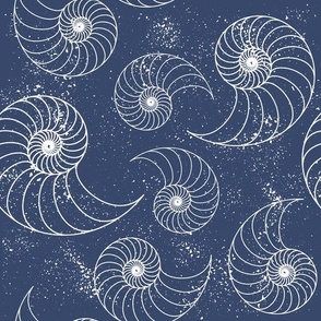 Nautilus Sea Shells and Sand in dark blue -white-metallic wallpaper