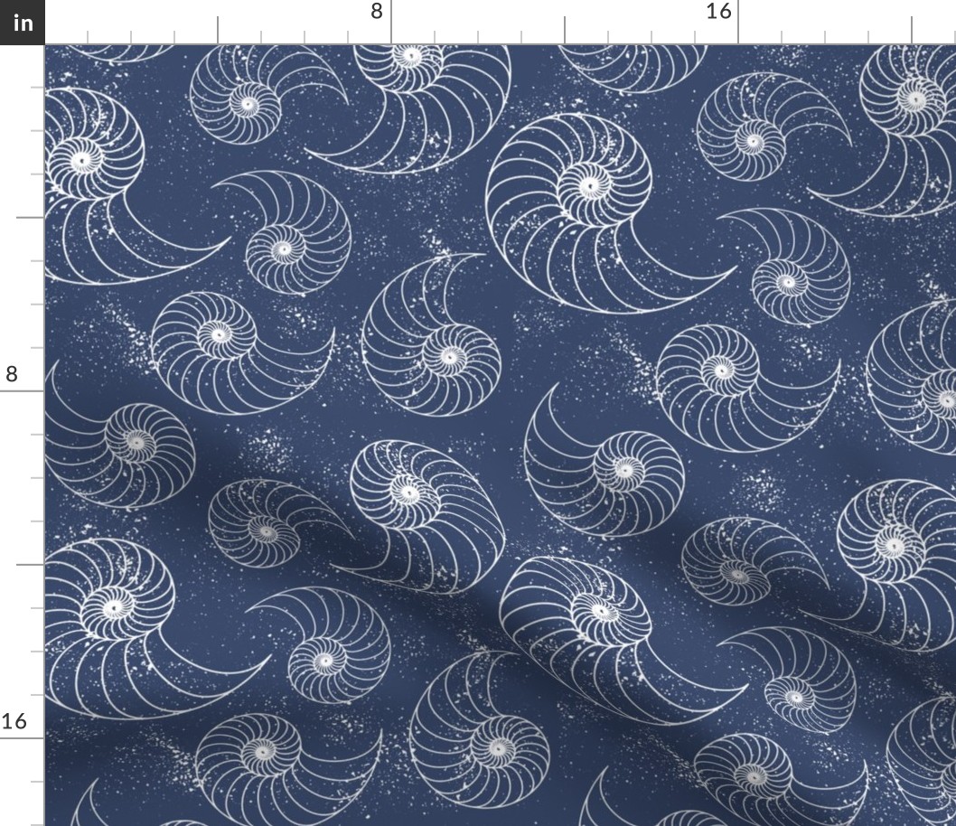 Nautilus Sea Shells and Sand in dark blue -white-metallic wallpaper