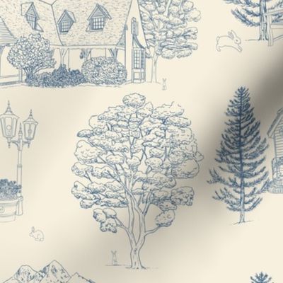 Toile de Jouy with house, chapel, trees, and bunnies in indigo blue on cream background - Large