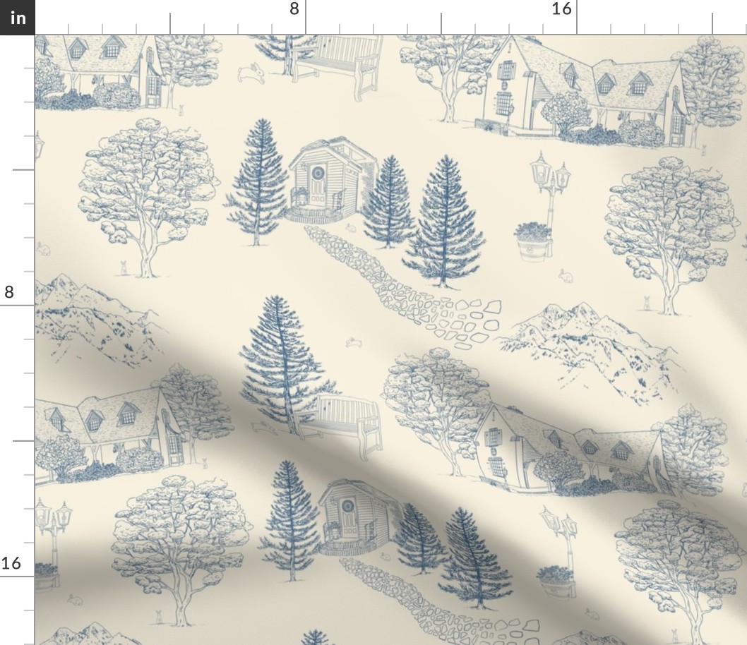 Toile de Jouy with house, chapel, trees, and bunnies in indigo blue on cream background - Large