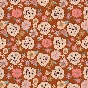 MINI Labrador Boho Floral fabric beautiful blossoms fabric - brown  4in