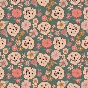 MINI Labrador Boho Floral fabric beautiful blossoms fabric - green 4in