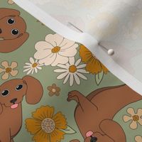 LARGE dachshund boho floral fabric - boho flowers green  10in