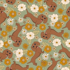 LARGE dachshund boho floral fabric - boho flowers green  10in