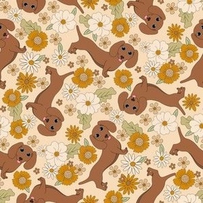 SMALL Dachshund boho floral dog fabric - boho flowers cream 6in