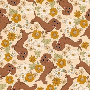 MEDIUM Dachshund boho floral dog fabric - boho flowers cream 8in