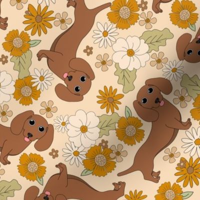 XLARGE Dachshund boho floral dog fabric - boho flowers cream 12in