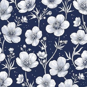 Watercolor Buttercup Flowers In Navy